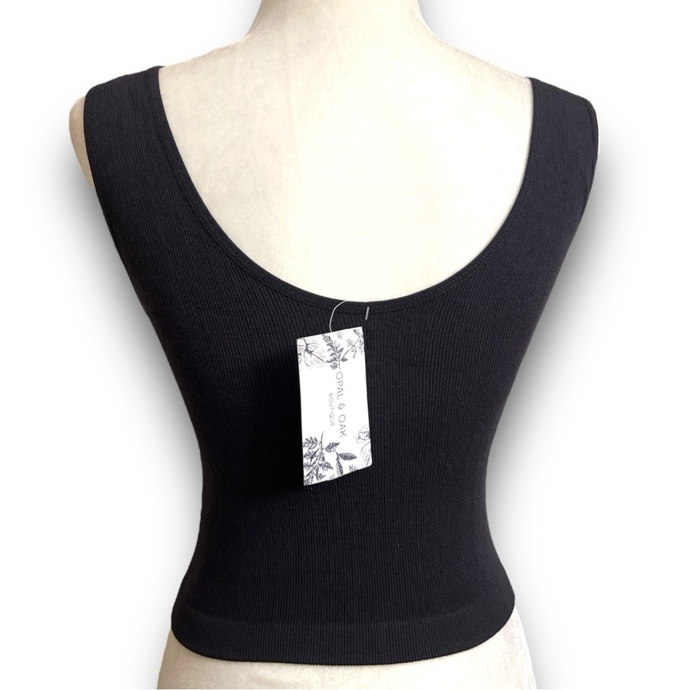 Finely Ribbed Plunge V Neck U back Brami Crop Top in Black By Together - Picture 3 of 5
